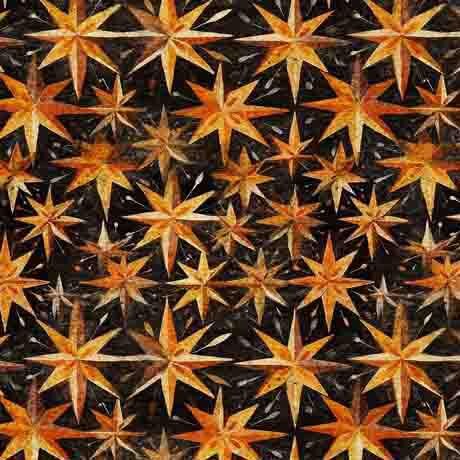 Image of the Creepin It Real Stars Black fabric by Morris Creative Group for QT Fabrics. Features scattered orange stars on a black background. 
Cute Little Fabric Shop