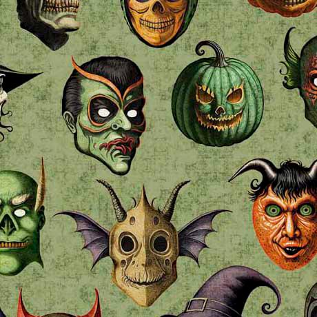 Image of the Creepsville Creepy Face Allover Sage fabric by Morris Creative Group for QT Fabrics. Features scary halloween faces on a sage green background. 
Cute Little Fabric Shop