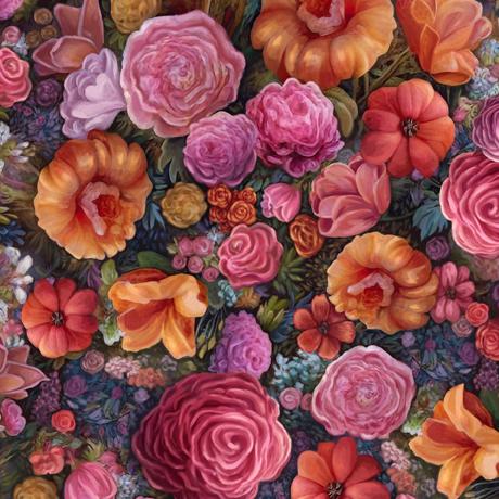 Image of the Mystical Unicorn Packed Floral Multi quilting cotton wide back fabric by QT Fabrics. Features packed multicolored flowers. 
Cute Little Fabric Shop