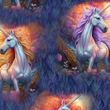 Image of the Mystical Unicorn Unicorn Vignettes Navy quilting cotton fabric by QT Fabrics. Features scattered pictures of unicorns on a dark blue background. 
Cute Little Fabric Shop