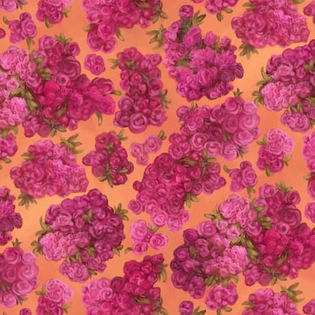 Image of the Mystical Unicorn Spaced Floral Orange quilting cotton fabric by QT Fabrics. Features clusters of flowers on a light orange background. 
Cute Little Fabric Shop