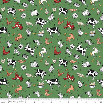 Image of the Farm Livin Animal Toss Green quilting cotton fabric by Riley Blake Designs. Features farm animals like chickens, horses, sheep, and ducks on a green background. 
Cute Little Fabric Shop