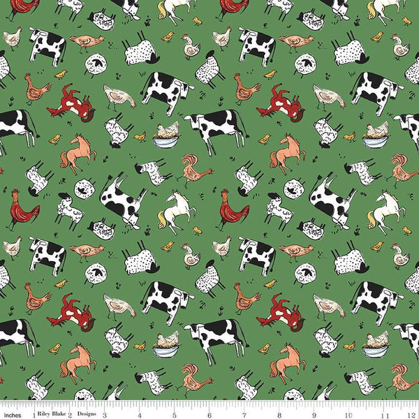 Image of the Farm Livin Animal Toss Green quilting cotton fabric by Riley Blake Designs. Features farm animals like chickens, horses, sheep, and ducks on a green background. 
Cute Little Fabric Shop