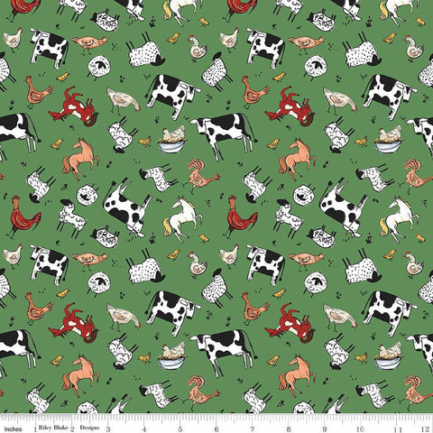 Image of the Farm Livin Animal Toss Green quilting cotton fabric by Riley Blake Designs. Features farm animals like chickens, horses, sheep, and ducks on a green background. 
Cute Little Fabric Shop