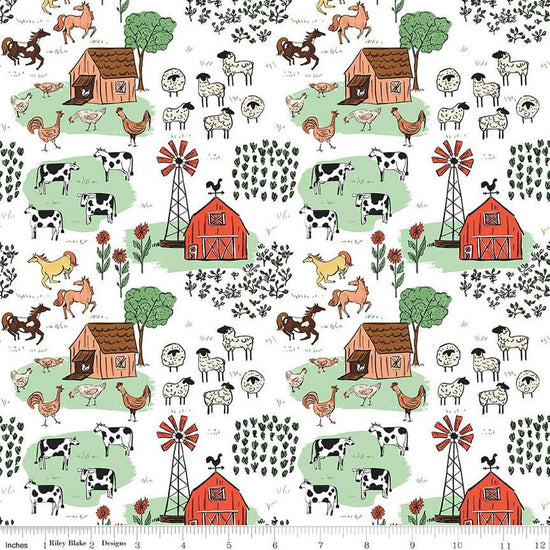 Image of the Farm Livin' Main White quilting cotton fabric by Riley Blake Designs. Features farm animals such as sheep, horses, cows, and chickens on a white background. 
Cute Little Fabric Shop
