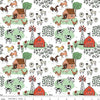 Image of the Farm Livin' Main White quilting cotton fabric by Riley Blake Designs. Features farm animals such as sheep, horses, cows, and chickens on a white background. 
Cute Little Fabric Shop
