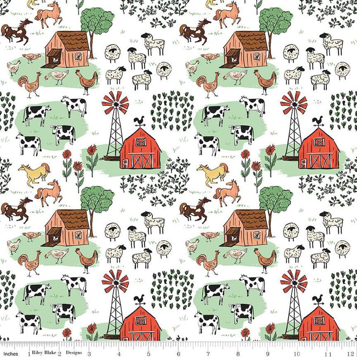 Image of the Farm Livin' Main White quilting cotton fabric by Riley Blake Designs. Features farm animals such as sheep, horses, cows, and chickens on a white background. 
Cute Little Fabric Shop