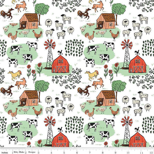 Image of the Farm Livin' Main White quilting cotton fabric by Riley Blake Designs. Features farm animals such as sheep, horses, cows, and chickens on a white background. 
Cute Little Fabric Shop