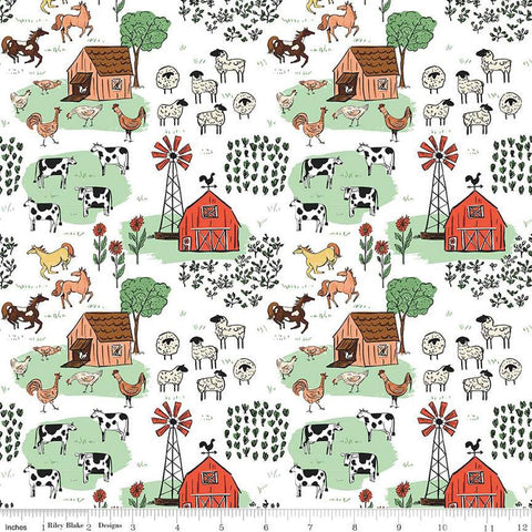 Image of the Farm Livin&#39; Main White quilting cotton fabric by Riley Blake Designs. Features farm animals such as sheep, horses, cows, and chickens on a white background. 
Cute Little Fabric Shop