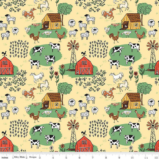 Image of the Farm Livin Main Sunshine quilting cotton fabric by Riley Blake Designs. Features farm animals such as sheep, horses, cows, and chickens on a yellow background. 
Cute Little Fabric Shop