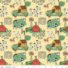 Image of the Farm Livin Main Sunshine quilting cotton fabric by Riley Blake Designs. Features farm animals such as sheep, horses, cows, and chickens on a yellow background. 
Cute Little Fabric Shop