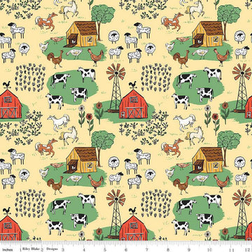 Image of the Farm Livin Main Sunshine quilting cotton fabric by Riley Blake Designs. Features farm animals such as sheep, horses, cows, and chickens on a yellow background. 
Cute Little Fabric Shop