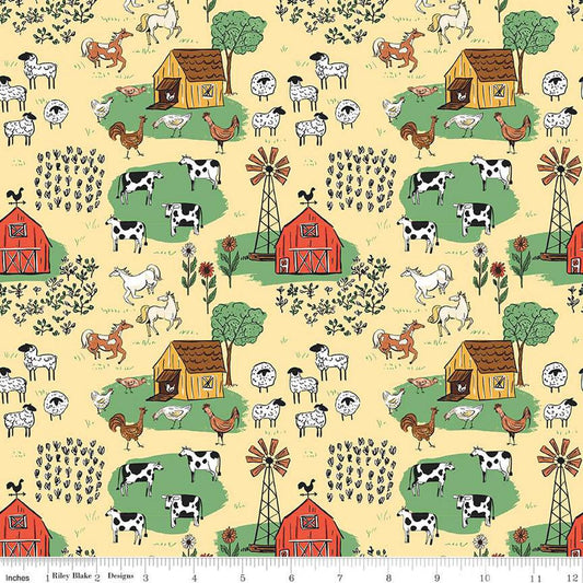 Image of the Farm Livin Main Sunshine quilting cotton fabric by Riley Blake Designs. Features farm animals such as sheep, horses, cows, and chickens on a yellow background. 
Cute Little Fabric Shop