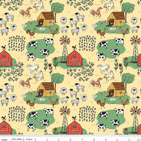 Image of the Farm Livin Main Sunshine quilting cotton fabric by Riley Blake Designs. Features farm animals such as sheep, horses, cows, and chickens on a yellow background. 
Cute Little Fabric Shop