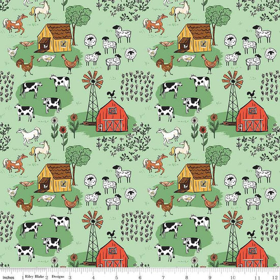 Image of the Farm Livin Main Mint quilting cotton fabric by Riley Blake Designs. Features farm animals such as sheep, horses, cows, and chickens on a light green background. 
Cute Little Fabric Shop