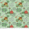 Image of the Farm Livin Main Mint quilting cotton fabric by Riley Blake Designs. Features farm animals such as sheep, horses, cows, and chickens on a light green background. 
Cute Little Fabric Shop