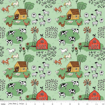 Image of the Farm Livin Main Mint quilting cotton fabric by Riley Blake Designs. Features farm animals such as sheep, horses, cows, and chickens on a light green background. 
Cute Little Fabric Shop