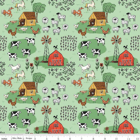 Image of the Farm Livin Main Mint quilting cotton fabric by Riley Blake Designs. Features farm animals such as sheep, horses, cows, and chickens on a light green background. 
Cute Little Fabric Shop
