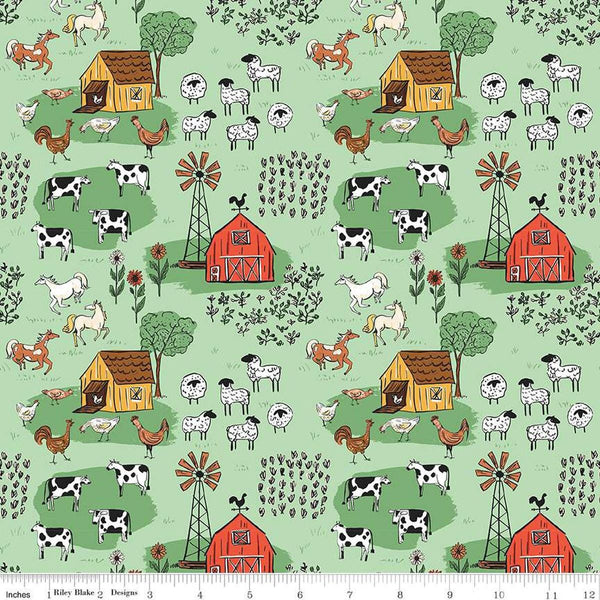 Image of the Farm Livin Main Mint quilting cotton fabric by Riley Blake Designs. Features farm animals such as sheep, horses, cows, and chickens on a light green background. 
Cute Little Fabric Shop