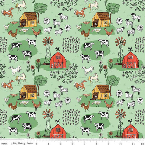 Image of the Farm Livin Main Mint quilting cotton fabric by Riley Blake Designs. Features farm animals such as sheep, horses, cows, and chickens on a light green background. 
Cute Little Fabric Shop