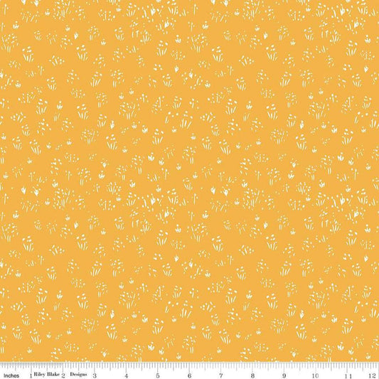 Image of the Farm Livin Grass Yellow quilting cotton fabric by Riley Blake Designs. Features scattered grass on a yellow background. 
Cute Little Fabric Shop
