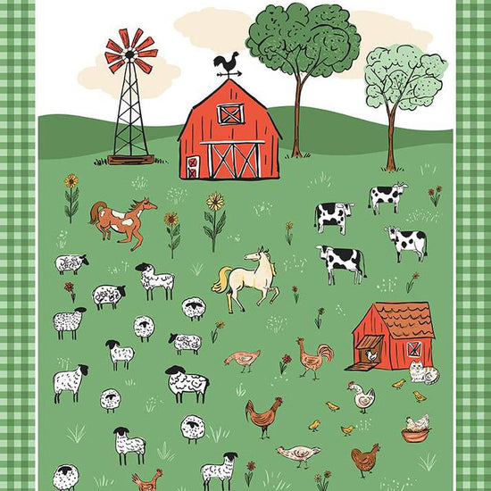 Image of the Farm Livin' quilting cotton panel by Riley Blake Designs. Features farm animals such as horses, cows, chickens, and sheep on a green background.
