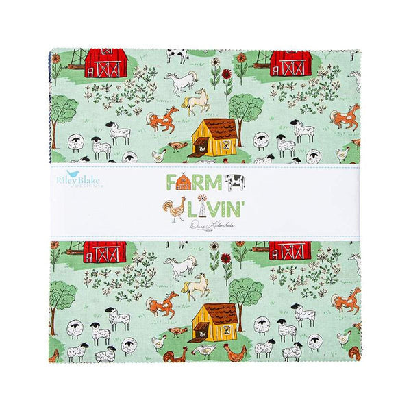 Image of the Farm Livin 10 inch Stacker Layer Cake with quilting cotton fabric by Riley Blake Designs. Features farm animals and barns with a green background. 
Cute Little Fabric Shop