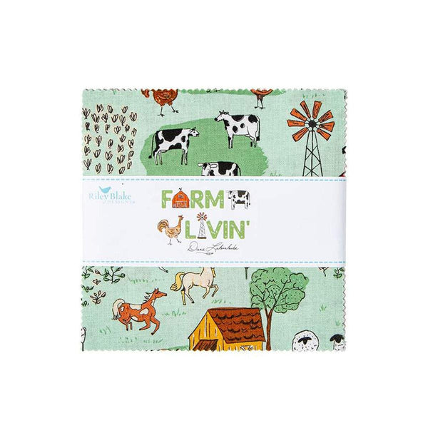 Image of the Farm Livin 5 inch Stacker Charm Pack with quilting cotton fabric by Riley Blake Designs. Features farm animals and barns with a green background. 
Cute Little Fabric Shop