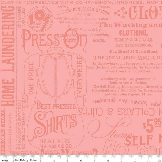 Image of the Press On Pressing Matters Pink quilting cotton fabric by J. Wecker Frisch for Riley Blake Designs. Features vintage iron-themed text and icons on a pink background. 
Cute Little Fabric Shop