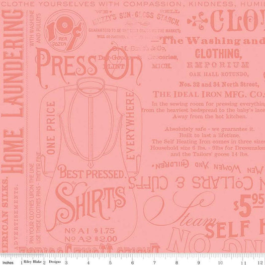 Image of the Press On Pressing Matters Pink quilting cotton fabric by J. Wecker Frisch for Riley Blake Designs. Features vintage iron-themed text and icons on a pink background. 
Cute Little Fabric Shop