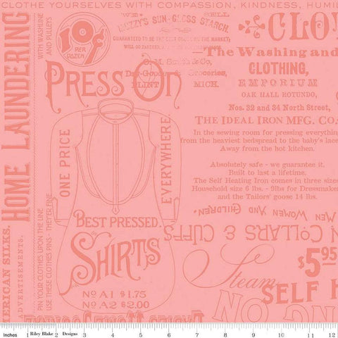 Image of the Press On Pressing Matters Pink quilting cotton fabric by J. Wecker Frisch for Riley Blake Designs. Features vintage iron-themed text and icons on a pink background. 
Cute Little Fabric Shop