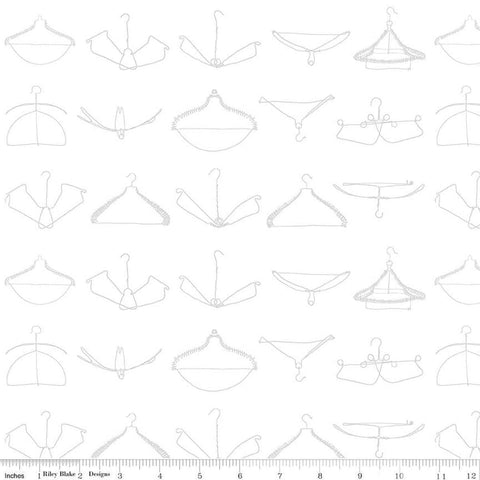 Image of the Press On Wire Hangers White quilting cotton fabric by J. Wecker Frisch for Riley Blake Designs. Features scattered wire clothes hangers on a white background. 
Cute Little Fabric Shop