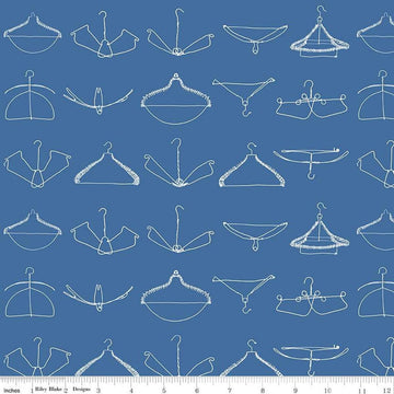 Image of the Press On Wire Hangers Blue quilting cotton fabric by J. Wecker Frisch for Riley Blake Designs. Features scattered wire clothes hangers on a blue background. 
Cute Little Fabric Shop