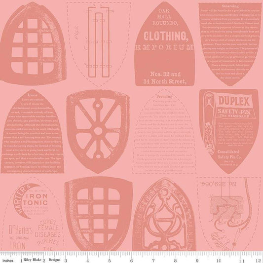 Image of the Press On Iron Plates Pink quilting cotton fabric by J. Wecker Frisch for Riley Blake Designs. Features iron sole plates and iron-themed text on a light pink background. 
Cute Little Fabric Shop