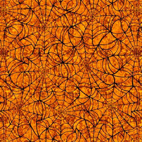 Image of the Creepsville Spiderweb Pumpkin fabric by Morris Creative Group for QT Fabrics. Features spiderwebs on a textured orange background. 
Cute Little Fabric Shop