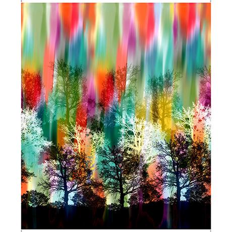 Image of the Tree Dance Watercolor Tree Border fabric by Morris Creative Group for QT Fabrics. Features trees and a colorful sky on a multicolored background. 
Cute Little Fabric Shop