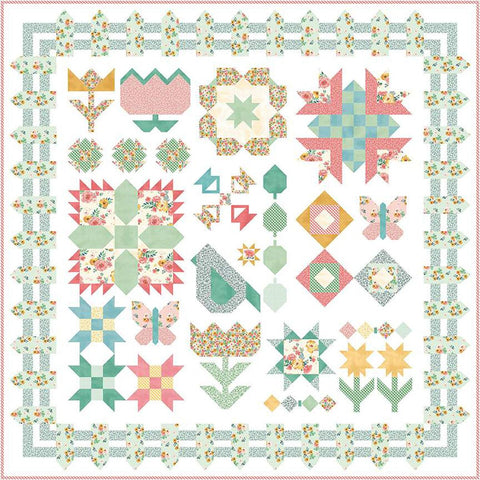 Image of the Garden Variety Quilt Pattern by Natalie Crabtree by Riley Blake Designs. 
Features flowers, birds, and a fence on a white background.
Cute Little Fabric Shop