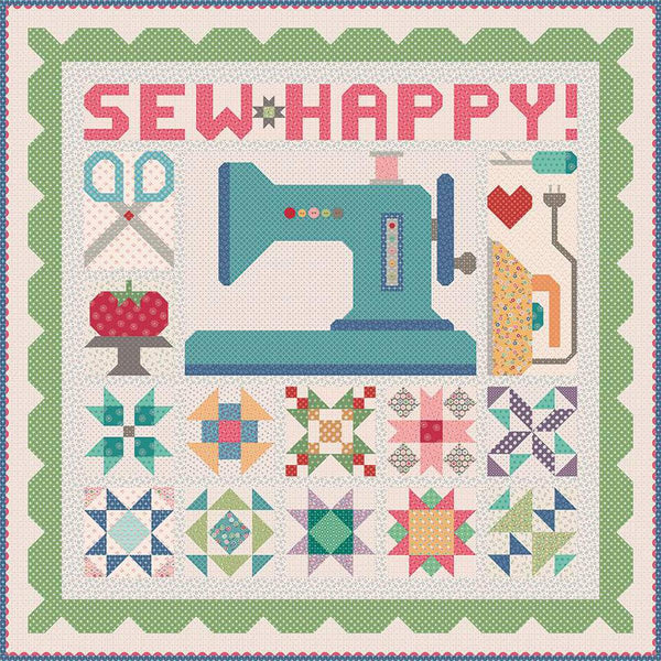 Image of the exclusive Sew Happy pattern by Lori Holt for Riley Blake Designs. Features a large sewing machine with sewing tools and a green border. 
Cute Little Fabric Shop