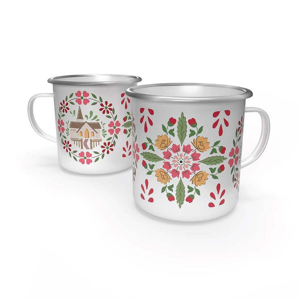 Image of the Lori Holt Home Town Holiday Enamel Tin Mug. Features motifs from her chapel print in the Home Town Holiday collection. 
Cute Little Fabric Shop