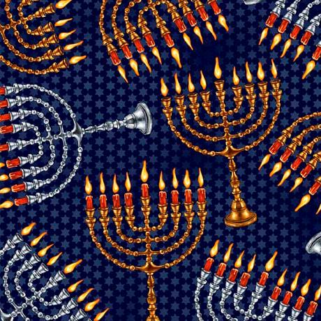 Image of the Hanukkah Festival Menorahs quilting cotton fabric by QT Fabrics. Features menorahs on a navy star background. 
Cute Little Fabric Shop