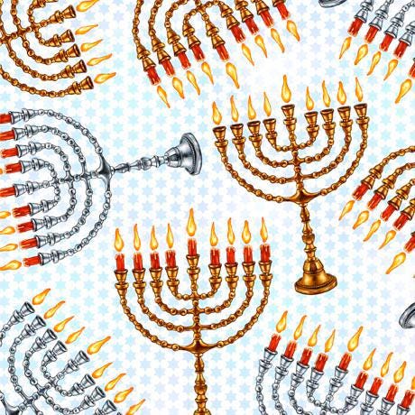 Image of the Hanukkah Festival Menorahs White quilting cotton fabric by QT Fabrics. Features menorahs on a white star background. 
Cute Little Fabric Shop