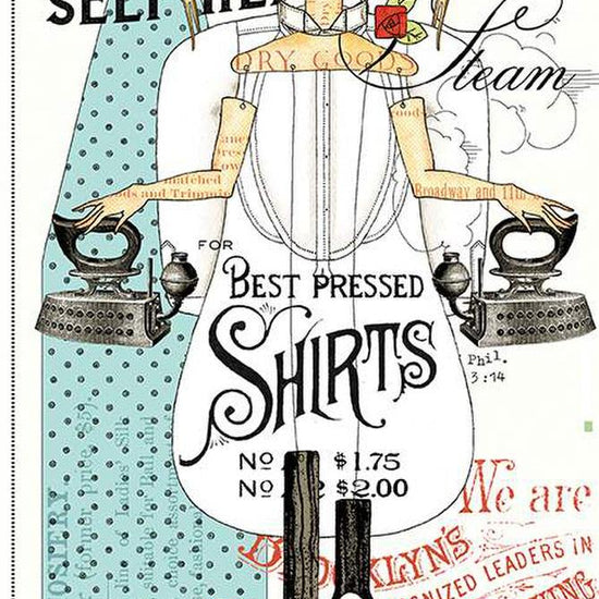 Image of the Press On Min White quilting cotton pattern by J. Wecker Frisch for Riley Blake Designs. Features a girl with ironing implements on a white background. 
Cute Little Fabric Shop