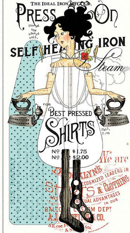 Image of the Press On Min White quilting cotton pattern by J. Wecker Frisch for Riley Blake Designs. Features a girl with ironing implements on a white background. 
Cute Little Fabric Shop