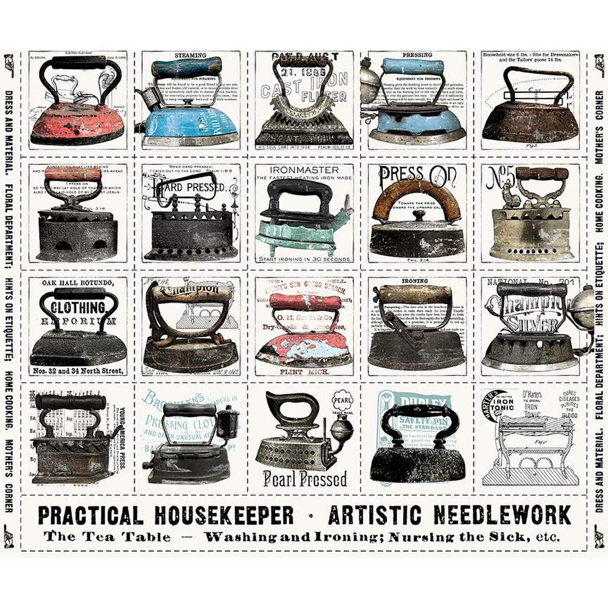 Image of the Press On Iron Patch Panel quilting cotton pattern by J. Wecker Frisch for Riley Blake Designs. Features patchwork squares with vintage irons on a white background. 
Cute Little Fabric Shop