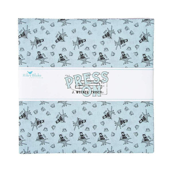 Image of the Press On 10 inch Stacker for Riley Blake Designs. Features a fabric with a girl ironing on a light blue background at the front. 
Cute Little Fabric Shop