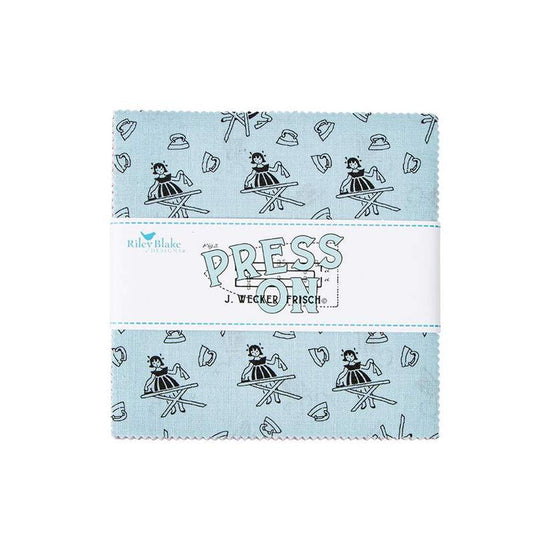 Image of the Press On 5 inch Stacker for Riley Blake Designs. Features a fabric with a girl ironing on a light blue background at the front. 
Cute Little Fabric Shop