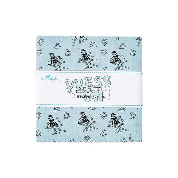 Image of the Press On 5 inch Stacker for Riley Blake Designs. Features a fabric with a girl ironing on a light blue background at the front. 
Cute Little Fabric Shop