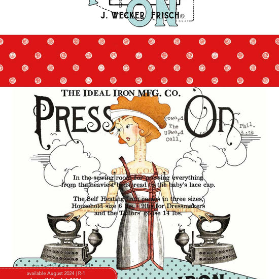 Image of the Press On Storyboard. Features a girl with two irons in a vintage style on a white background. 
Cute Little Fabric Shop
