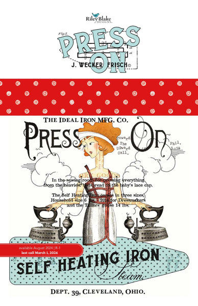 Image of the Press On Storyboard. Features a girl with two irons in a vintage style on a white background. 
Cute Little Fabric Shop