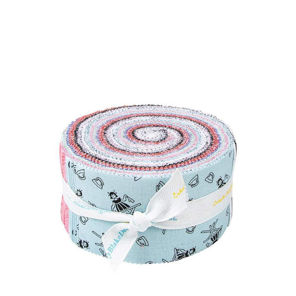 Image of the Press On Rolie Polie for Riley Blake Designs. Features a fabric with a girl ironing on a light blue background at the front. 
Cute Little Fabric Shop